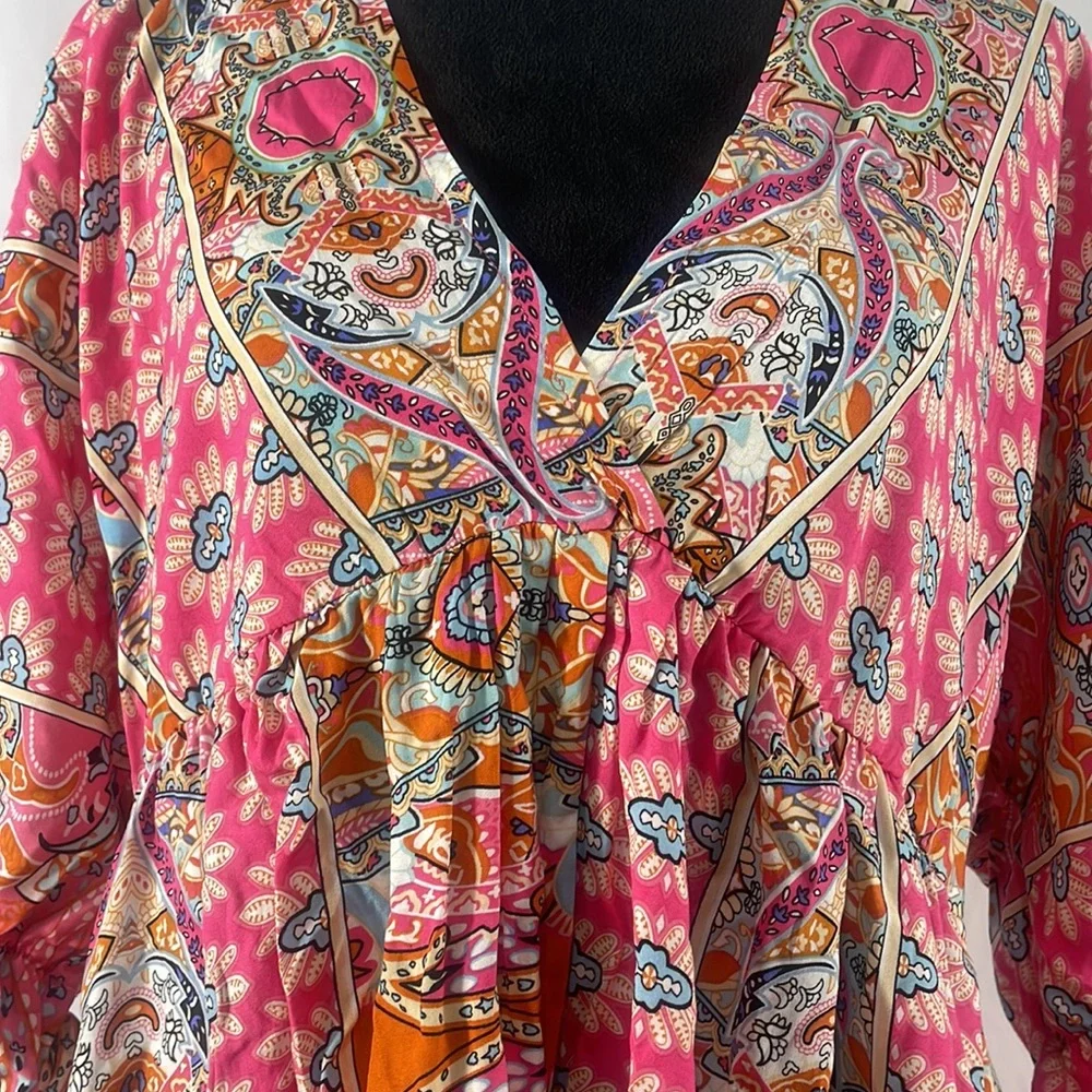 Pink multi colored hanker chief dress,V neck,tie in back,floral print,mid sleeve - Picture 11 of 12